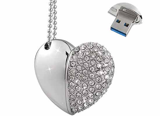 Diamond Heart-Shaped ๐ 128GB USB Stick Necklace with Jewelry Gift Bag