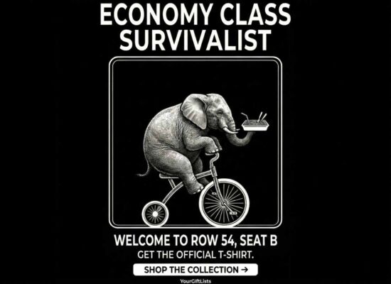 High-definition T-shirt design featuring a witty illustration of a large elephant balancing a meal tray while riding a tiny tricycle, with the text 'Economy Class Survivalist' in bold white letters on a black background.